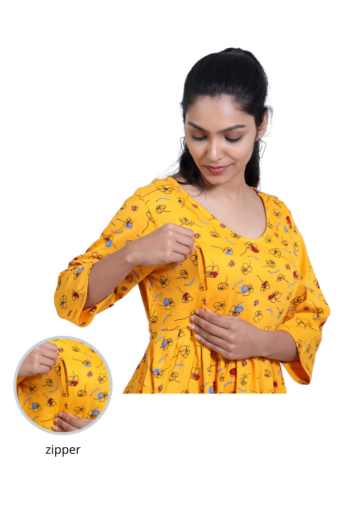 YELLOW PRINTED STRETCHABLE FEEDING FROCK