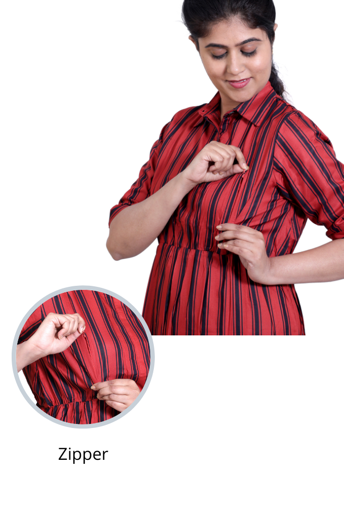 BRICK RED STRIPED COLLAR LONG TOP