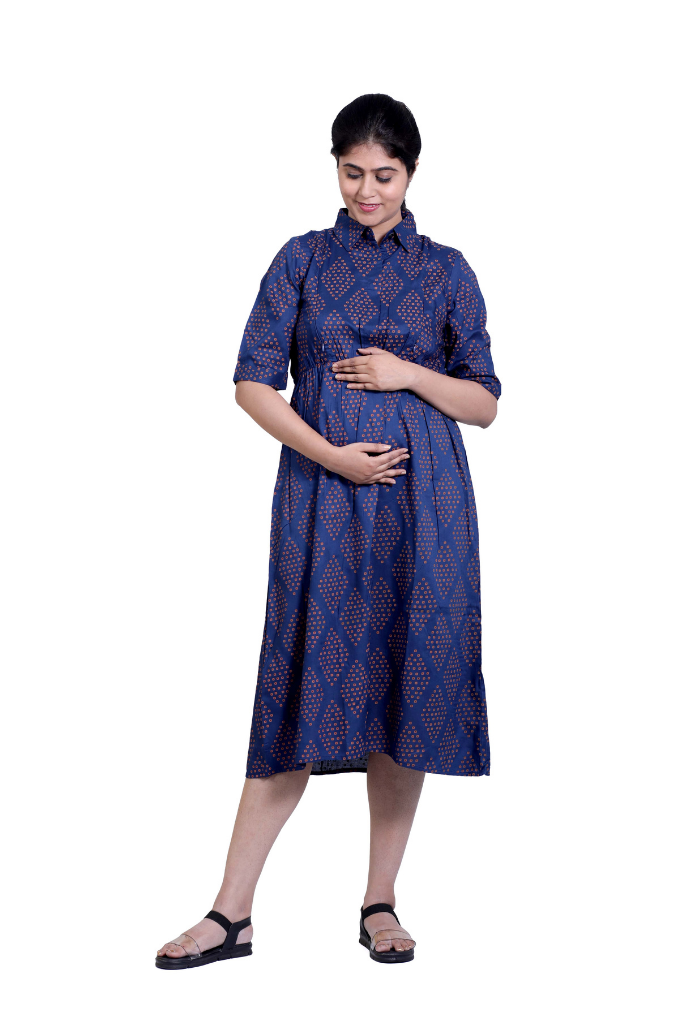 NAVY BLUE PRINT COLLAR LONG TOP