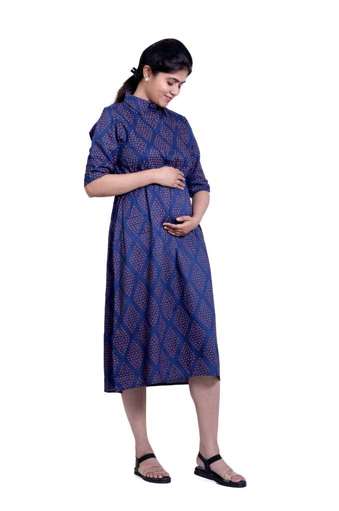 NAVY BLUE PRINT COLLAR LONG TOP