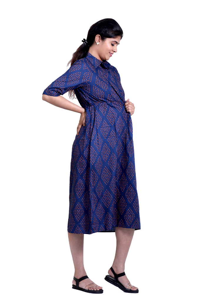 NAVY BLUE PRINT COLLAR LONG TOP