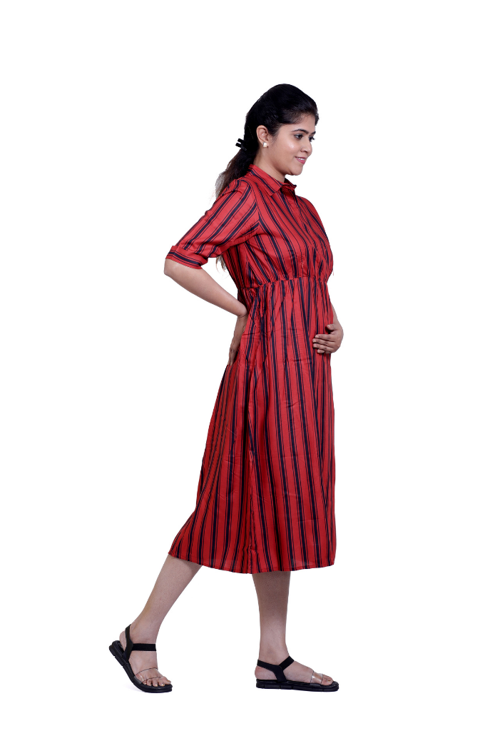 BRICK RED STRIPED COLLAR LONG TOP
