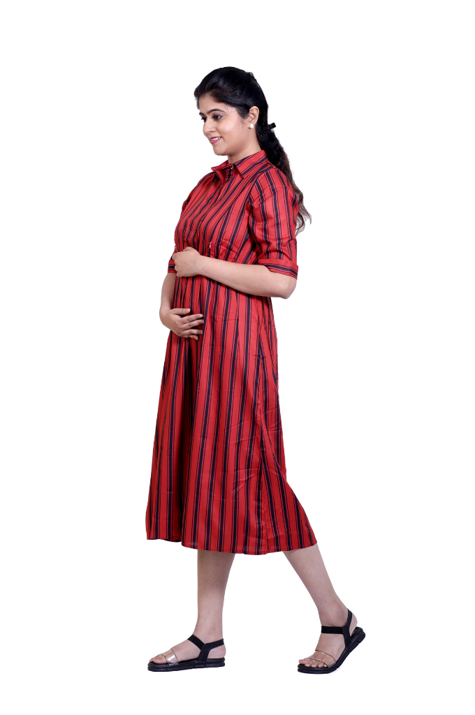 BRICK RED STRIPED COLLAR LONG TOP