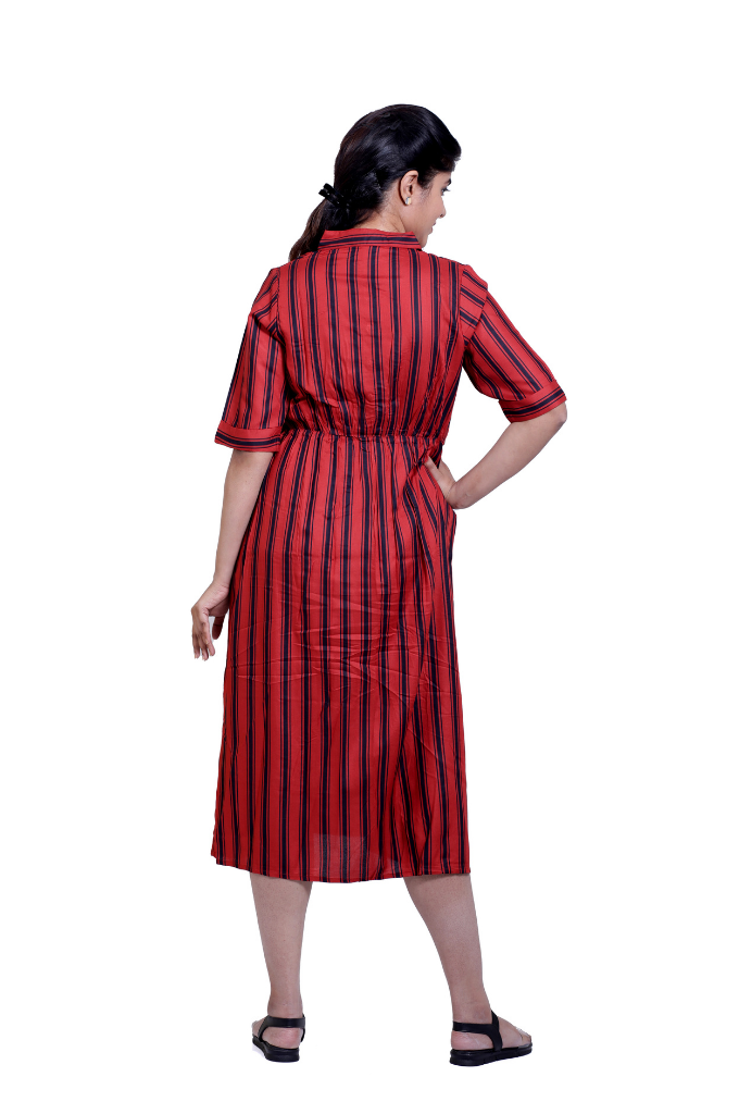 BRICK RED STRIPED COLLAR LONG TOP