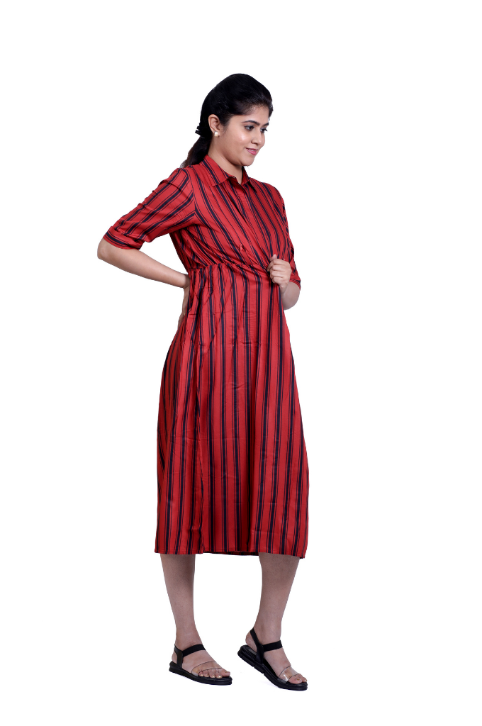BRICK RED STRIPED COLLAR LONG TOP