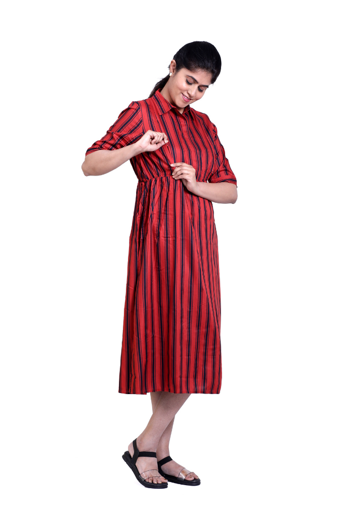 BRICK RED STRIPED COLLAR LONG TOP