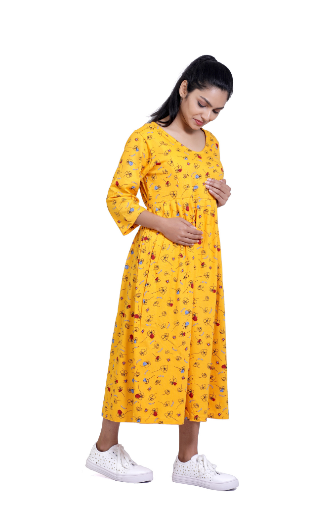 YELLOW PRINTED STRETCHABLE FEEDING FROCK