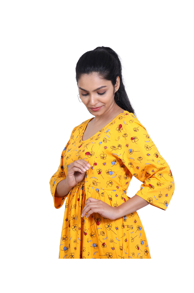 YELLOW PRINTED STRETCHABLE FEEDING FROCK