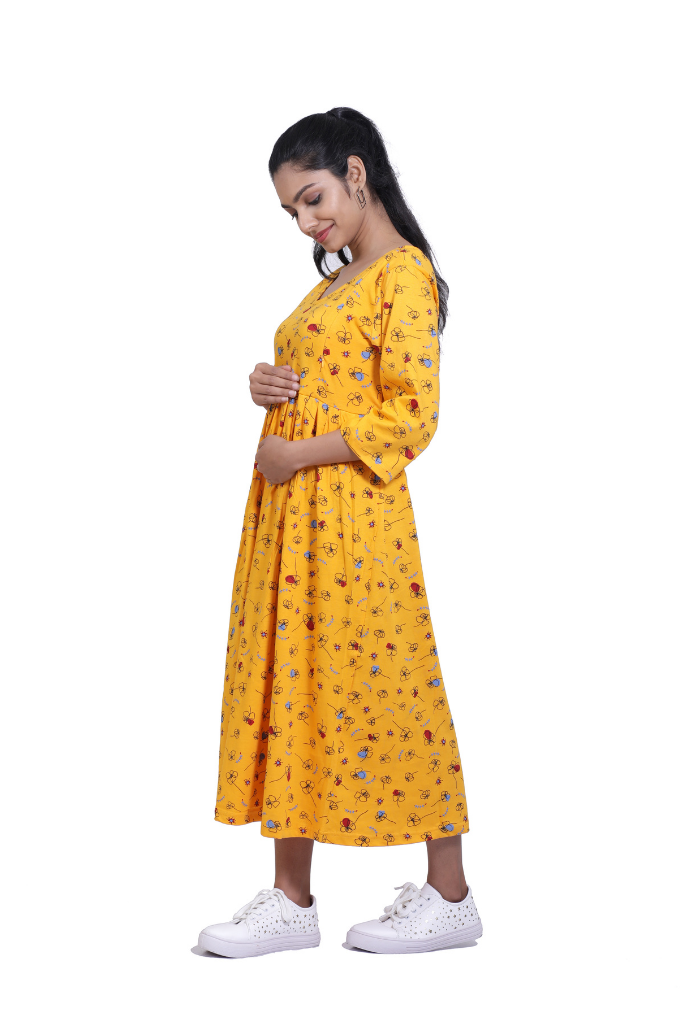 YELLOW PRINTED STRETCHABLE FEEDING FROCK